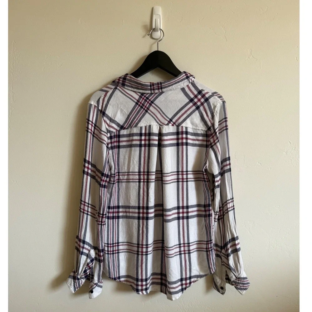 Kenar Womens Large Plaid Button Down Shirt Long Sleeve Rayon White Burgundy Navy